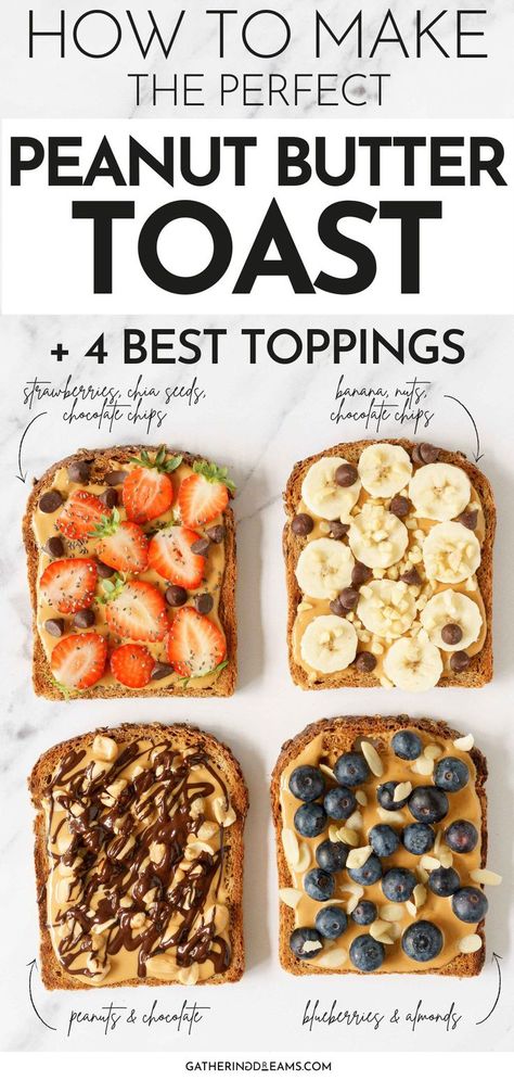 peanut butter toast Meals With Peanut Butter, Breakfast Ideas With Peanut Butter, Peanut Butter Recipes Breakfast, Foods With Peanut Butter, Nut Butter Toast Ideas, Toast For Breakfast, Snack Toast Ideas, Bread Toast Ideas, Fruit On Toast