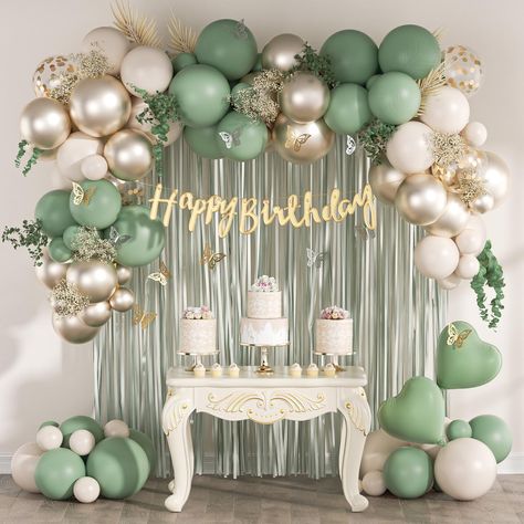 Green And White Birthday Party Ideas, Birthday/retirement Party, 27th Birthday Ideas For Women Decoration, 18th Birthday Party Color Schemes, Enchanted Birthday Party Ideas, Green And Silver Birthday Decorations, Sage Green Balloon Decorations, Sage First Birthday, Green Gold Decorations Party