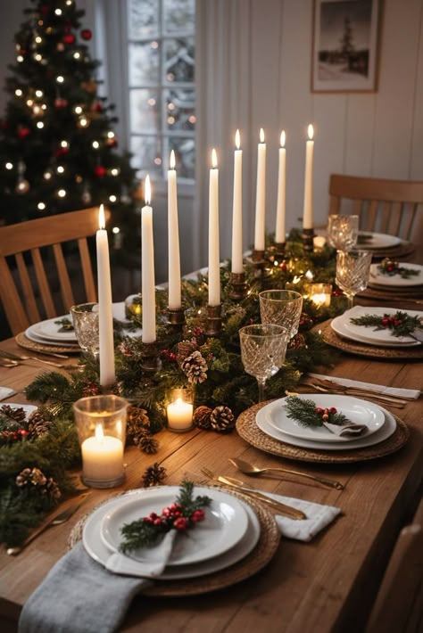 Master the art of intimate holiday dining with our candlelight styling guide! From selecting the right candle heights to creating the perfect glow, we'll show you how to set a magical mood that will make your Christmas dinner unforgettable. Safety tips included! #CandlelightDinner #CozyChristmas #HolidayMood Candlelight Christmas Dinner, Cozy Christmas Table Decor, Christmas Outdoor Party Ideas, Holiday Dinner Decor, Christmas Dining Tables, Christmas Dinner Set Up, Outdoor Christmas Dinner, Christmas Dinner Food Ideas, Christmas Dinner Friends