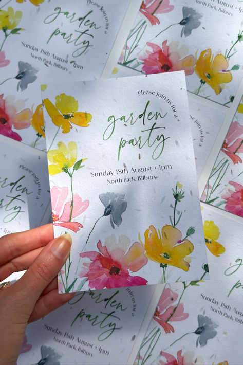 garden party invite on seed paper, featuring a floral border Wedding Invitations Garden Party, Wedding Invite Aesthetic, Garden Party Invites, 40th Invite, Aesthetic Wedding Invitations, Garden Party Wedding Invitations, Wedding Diy Ideas, Design Seed, Garden Party Bridal Shower