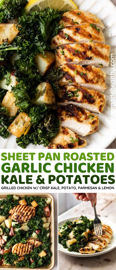 Chicken And Kale Recipes, Kale And Potatoes, Potato Parmesan, Kale Recipes Healthy, Kale Potato, Chicken Kale, How To Cook Kale, Roasted Chicken And Potatoes, Roasted Garlic Chicken