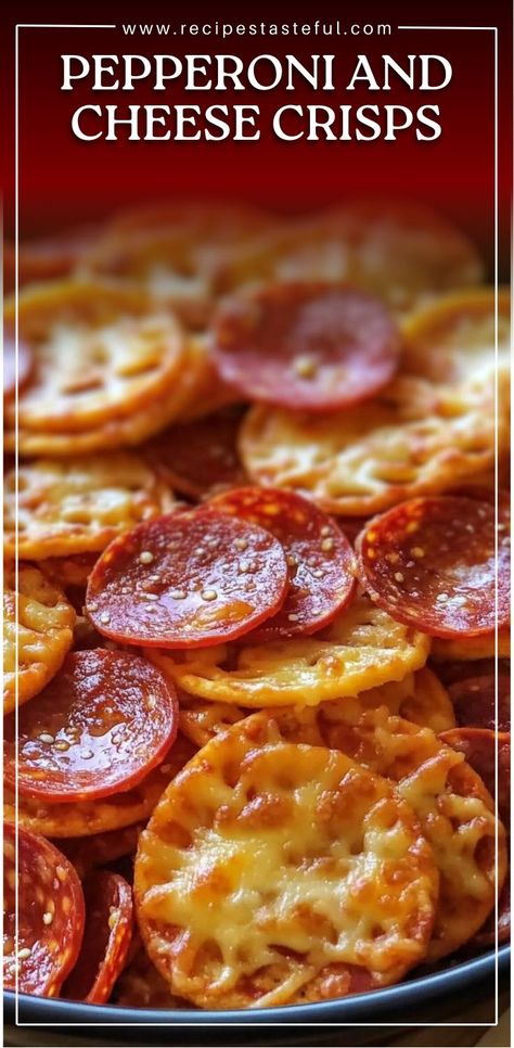 A simple, low-carb snack made with melted cheddar cheese and crispy pepperoni. These savory crisps are perfect for a quick appetizer or snack. Melted Cheese Crisps, Pizza Chips Recipe, Easy Cheese Snacks, Cheese Crisps Recipe, Pepperoni Cheese Crisps, Cheese Crisps Baked, Pepperoni Crisps, Savory Snacks Healthy, Pepperoni Appetizers