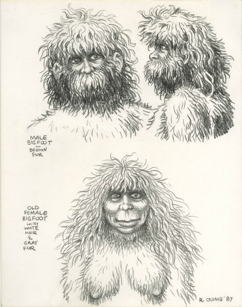 MALE AND FEMALE BIGFOOT CHARACTER DESIGN ( 1987, ROBERT CRUMB ) DESIGNS FOR  WHITEMAN MEETS BIGFOOT  EXPANDED SCREENPLAY Comic Art Female Bigfoot, Bigfoot Drawing, Robert Crumb Art, Bigfoot Art, Robert Crumb, Character Design Cartoon, Adult Coloring Designs, Alien Concept, Alien Concept Art