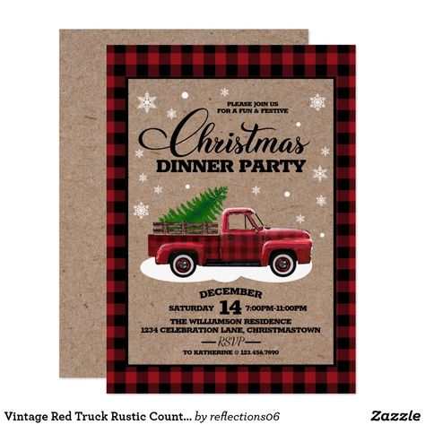 Vintage Red Truck Rustic Country Christmas Dinner Invitation #christmas #christmasideas #christmascards Rustic Dinner, Festive Dinner Party, Dinner Christmas, Dinner Party Invitations, Vintage Red Truck, Champagne Bubbles, Christmas Dinner Party, Dinner Invitation, Christmas Party Supplies