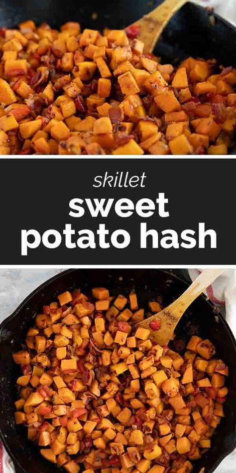 The perfect Sweet Potato Hash – sweet potatoes are combined with bacon, onions and sweet red peppers in this easy stovetop dish. Serve it as a side dish or add an egg on top and turn it into breakfast. Sweet Potato Stove Top, Savory Sweet Potato Recipes, Sweet Potato Breakfast Hash, Orange Sweet Potatoes, Sweet Potato Skillet, Over Easy Eggs, Easy Potato Recipes, Potato Hash, Sweet Potato Breakfast