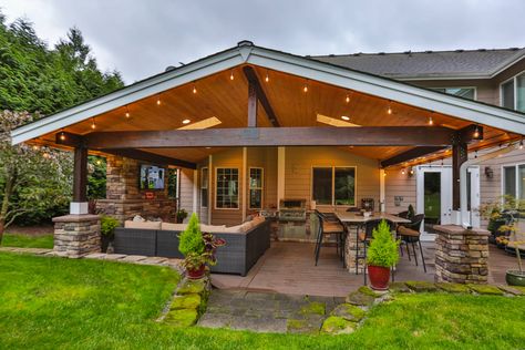 Outdoor Covered Grill Area, Backyard Structures Covered Patios, Hot Tub Under Covered Patio, Gable Roof Back Porch Addition, Outdoor Rooms Covered, Backyard Gable Patio, Gabled Patio Cover, Outdoor Pavillion With Bar, Attached Lean-to Patio Roof Ideas