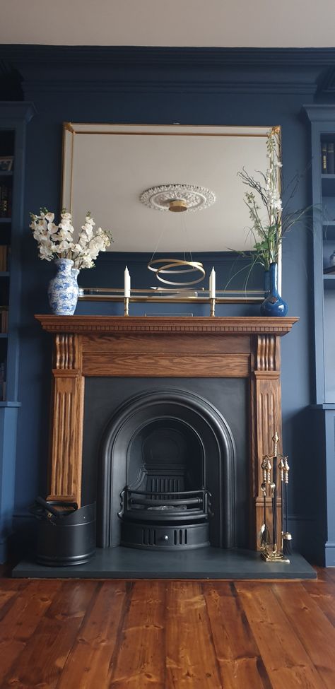 Mahogany Fireplace Living Room, Modern Victorian Fireplace Ideas, Mahogany Fireplace, Modern Victorian Fireplace, Dark Blue Fireplace, Victorian Library Study, Victorian Woodburner Fireplace, Victorian Fireplace Ideas, Victorian Mantel Mirror