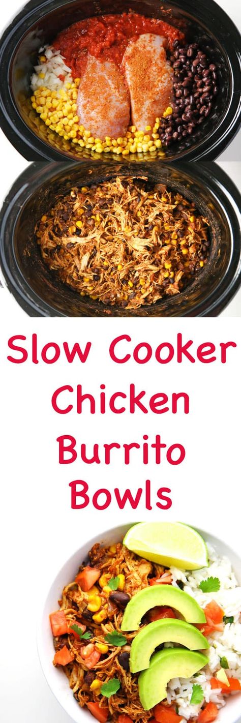 Slow Cooker Chicken Burrito Bowls - Tastefulventure Slow Cooker Kip, Chicken Burrito Bowls, Chicken Burrito, Chicken Burrito Bowl, Burrito Bowls, Chicken Burritos, Crockpot Dishes, Makanan Diet, Burrito Bowl