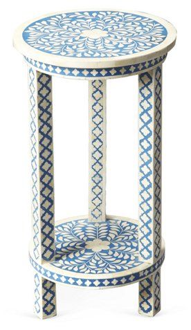 Kayla Side Table, Blue - Standard Side Tables - Side Tables - Living Room - Furniture | One Kings Lane Bone Inlay Table, Bone Inlay Side Table, Bone Inlay Furniture, Mosaic Inlay, Inlay Furniture, Round Stool, Bone Inlay, Living Room Table, Contemporary Furniture