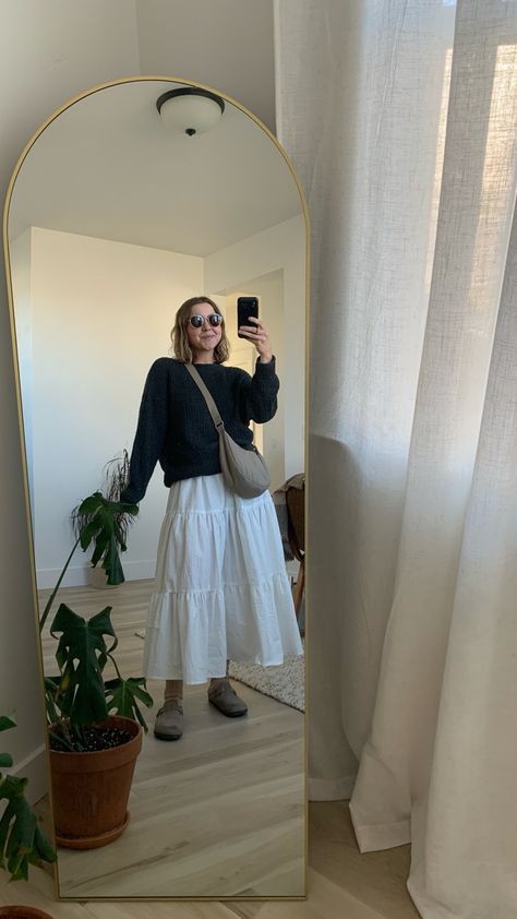 Maxi white skirt, grey sweater, mule clogs and socks Crush Clog Outfit, Crocs Crush Clog Outfit, Clogs And Socks, Crocs Crush Clog, Maxi White Skirt, Crocs Crush, Socks And Clogs, Clog Outfit, Clogs Outfit