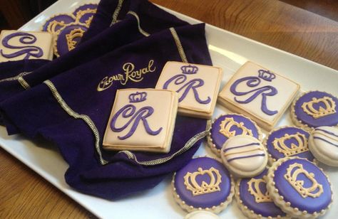 Crown Royal Cookie Bites | Cookie Connection Crown Royal Cookies Decorated, Crown Royal Party Decorations, Crown Royal Party Theme, Crown Royal Themed Birthday Party, Crown Royal Party Ideas For Men, Crown Royal Birthday Cake, Crown Royal Birthday Ideas For Men, Crown Royal Birthday Party, Crown Royal Cookies