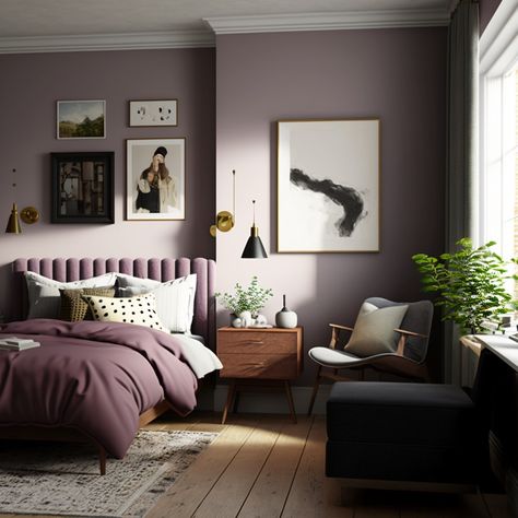 Dusty Bedroom Colors, Terracotta And Plum Bedroom, Masculine Mauve Bedroom, Navy Lilac Bedroom, Light Purple Master Room, Dusky Lilac Bedroom, Lavender And Black Bedroom Ideas, Mauve Gothic Bedroom, Dusty Blue And Purple Bedroom