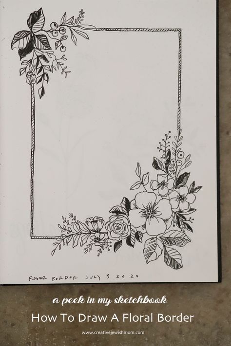 Floral Doodle Border, Flower Boder Degin, Plant Border Ideas Drawing, Flower Edge Border Drawing, Floral Sketches Design, Floral Journal Cover, Border Design For Cards, Border Painting Ideas, Plant Border Drawing