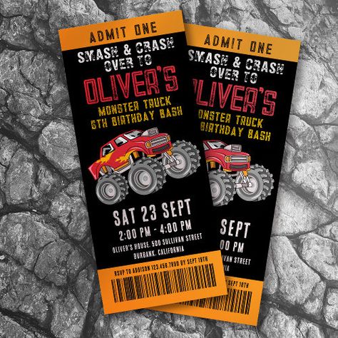 Monster Truck Ticket Birthday Party Invitation #zazzle #weddinginvitations #birthdayinvitations #babyshowerinvitations #zazzleinvitations #monogram #businesscards #graduation #homedecor Monster Truck Theme Birthday Party, Monster Jam Birthday Party, Truck Party Invitations, Monster Truck Birthday Party, Monster Jam Birthday, Monster Jam Party, Monster Truck Theme, Truck Birthday Party, Monster Truck Party