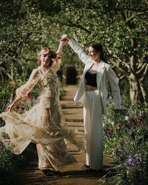 A dreamy Victorian inspired wedding, with some *beautiful* wedding outfit options. ❤️🌈 Photography @photographyfarm (@devlinphotos & @clairefleck) Venue @cambocountryestate Planning/Styling/Florals/Stationery @wearegloam Hair @pinuphairglasgow Butterfly Dress @halfpennylondon Floral Dress @needleandthreadlondon Jumpsuit @ghostfashion Tomboy Wedding Outfit, Victorian Inspired Wedding, Nonbinary Wedding, Romantic Wedding Style, Queer Weddings, Fife Scotland, Chic Wedding Dresses, Modern Wedding Inspiration, Wedding Jumpsuit