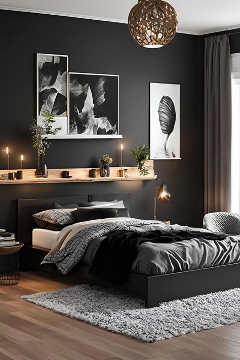 Black Wall Black Bed, Black And Crème Bedroom, Bedroom Ideas For Small Rooms Black, Matte Black Accent Wall Bedroom, Black Wallpaper Bedroom Ideas, Black Bedroom Ideas For Teens, Bedroom Black Headboard, Black Wall Room, Bedroom Inspo Black