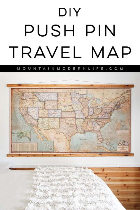 Whether you love to travel, plan to, or simply dream of doing it someday, this DIY push pin travel map is the perfect way to document your adventures! MountainModernLife.com #wanderlust #map #vintagemap #pushpinmap #rvlife #rvrenovation via @MtnModernLife Travel Board Diy, Travel Map Pin Boards, Diy Travel Map Pin Board, Push Pin Travel Map Ideas, Push Pin Map Diy, Travel Map Ideas, Travel Map Diy Pin Boards, Push Pin Travel Map Usa, Map On Wall