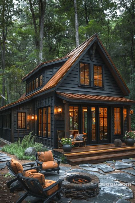 Green House With Copper Roof, Painted Log Cabin Exterior, Cabin Designs, Cabin Aesthetic, Colonial Farmhouse, Cabin Exterior, Small Cottage, Barn Style House, Exterior Ideas