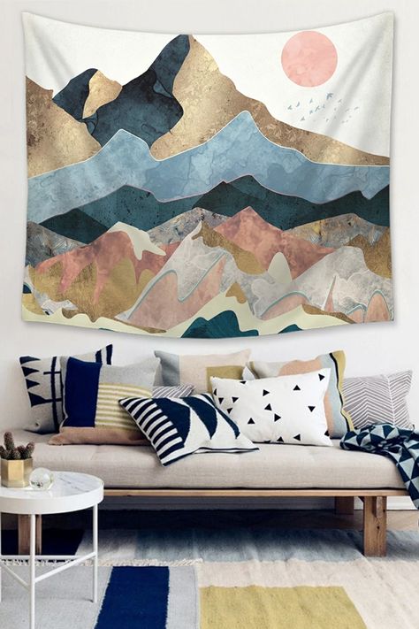 Aesthetics Room Decor, Sun Tapestry, 3d Mountain, Abstract Mountains, Mountain Tapestry, Decor Mural, Mountain Sunrise, Background Painting, Mountains Forest