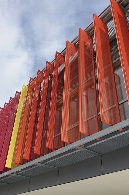 Grundschule, Germany by Colt Group, via Flickr Shading Device, Building Skin, Colour Architecture, Metal Facade, Solar Shades, Lan Can, Metal Screen, Building Facade, Industrial House