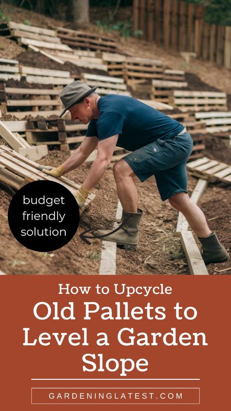 Struggling with a sloped garden? Learn how to upcycle old pallets to level a garden slope effortlessly! Our guide will show you how to transform uneven terrain using recycled pallets. Discover step-by-step instructions for creating terraces, building retaining walls, and stabilizing your garden slope. With simple tools and a bit of creativity, you can create a functional and beautiful garden space. Ready to make the most of your outdoor area? Click the link above to find out how to upcycle old pallets and achieve a perfectly level garden slope today! Retaining Wall Vegetable Garden, Tiered Garden Ideas Sloped Yard Hillside Landscaping, Greenhouse On Sloped Yard, Steep Slope Garden, Raised Garden Bed On Slope, Yard Leveling Diy, Terracing A Hill Sloped Yard, Garden Slope Ideas, Hillside Garden Sloped Yard