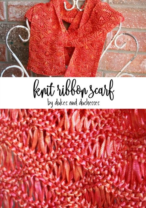 Use light ribbon yarn and this simple wavy scarf pattern to knit a gorgeous ribbon scarf that can be worn any time of the year! Knitting With Ribbon Yarn, Ribbon Yarn Knitting Patterns, Ribbon Yarn Projects, Crochet With Ribbon Yarn, Ribbon Knitting, Ribbon Yarn Scarf, Knitted Scarfs, Easy Scarf Knitting Patterns, Grandma Knitting