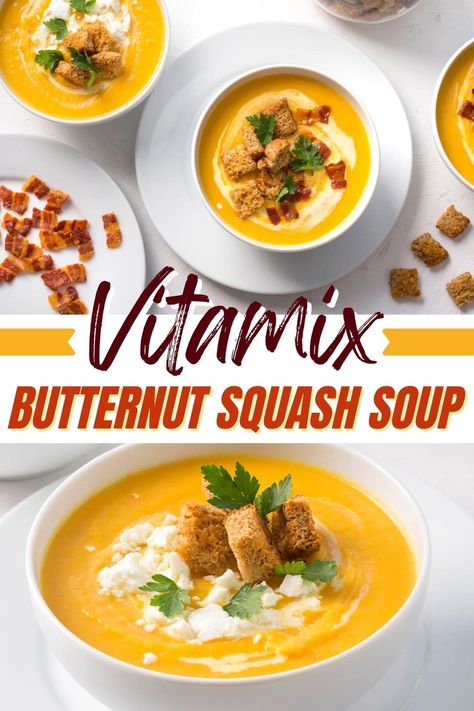 This Vitamix butternut squash soup couldn't be easier! With just 7 ingredients and your Vitamix, you'll have sweet, smooth, velvety soup that everyone will adore. Vitamix Squash Soup, Vitamix Soups Healthy, Soup Vitamix Recipes, Vitamix Butternut Squash Soup Recipe, Butternut Squash Soup Vitamix Recipe, Vitamix Soup Recipes Easy, Vita Mix Soup Recipes, Vitamix Butternut Squash Soup, Butternut Squash Soup Vitamix