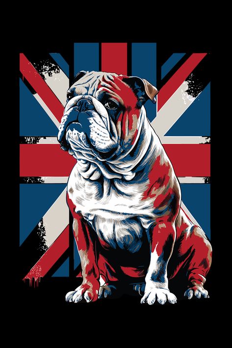 A stunning British Bulldog combined with Union Jack Flag Illustration. A proud British Bulldog with red, white and blue colour. Bulldog Aesthetic, English Bulldog Illustration, Wallpaper Dog Aesthetic, English Bulldog Art, Animals And Pet Supplies, Bulldog Illustration, Bulldog Wallpaper, Bulldog Images, Dog Tattoo Ideas