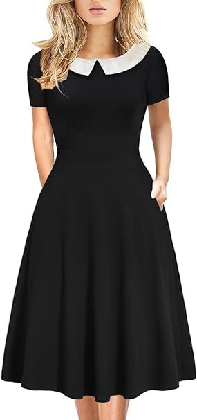 Amazon.com: Halloween Dress for Petite Women Vintage Peter Pan Collar Elegant Cotton Fit and Flare Juniors Girls Casual Party Aline Dresses with Pockets 978 (Black White, M) : Clothing, Shoes & Jewelry Aline Dresses, Vintage Peter Pan, Peter Pan Dress, Dress For Petite Women, Peter Pan Collar Dress, Blouse Designs Indian, Aline Dress, Work Party, Petite Women