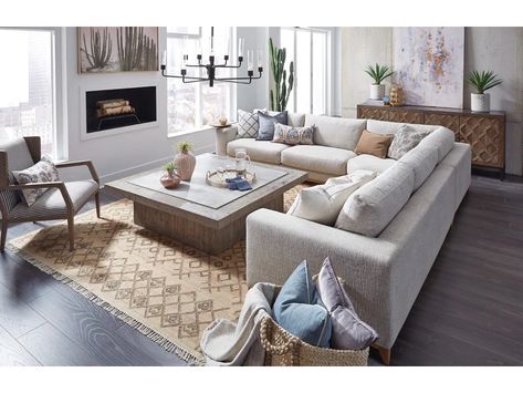 Classic Home 2167SC11 Living Room Donovan Sectional Sand Curved Sectional, Pedestal Coffee Table, Chic Bedrooms, Living Room Furniture Layout, Grey Sectional, Living Room Layout, Classic Home, Livingroom Layout, Furniture Layout