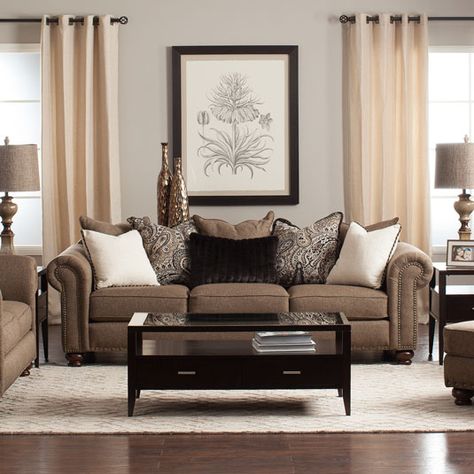 Classic and elegant describe the Buxton Living Room Collection - Jerome's Dream Seating by Jerome's Furniture Brown Walls Living Room, Brown Furniture Living Room, Brown Sofa Living Room, Affordable Living Room Furniture, Brown Living Room Decor, Brown Couch Living Room, Living Room Warm, Brown Home Decor, Brown Living Room