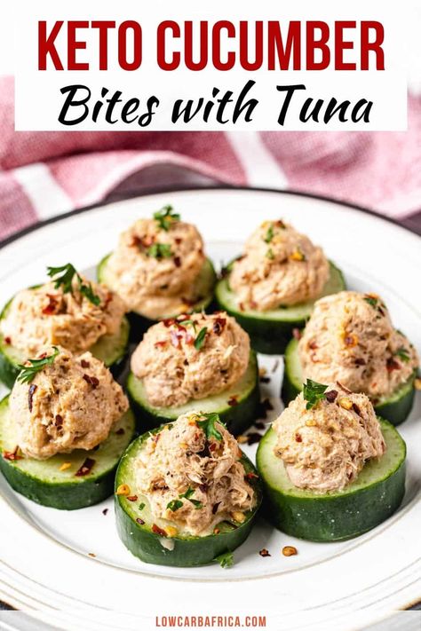 Keto Tapas Recipes, Klinio Diet, Keto Cucumber, Tuna Appetizer, Cucumber Snacks, Cucumber Appetizers, College Food, Low Fat Snacks, Cucumber Bites