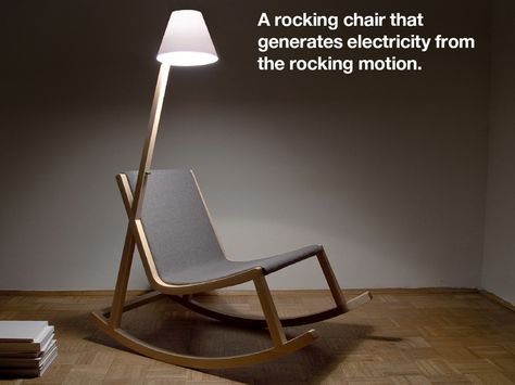 rocking in this chair generates electricity for the attached light: literally brilliant! Led Lamp Design, Modern Rocking Chair, Wooden Rocking Chairs, Wood Rocking Chair, Handmade Charlotte, Reading Chair, Art Chair, Green Life, Easy Chair