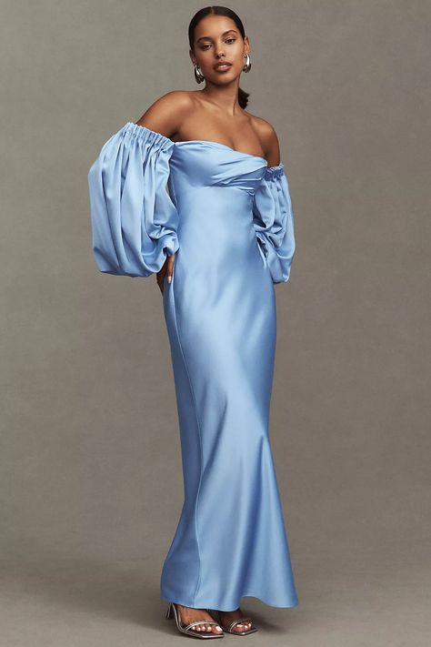 Significant Other Danika Long-Sleeve Off-The-Shoulder Satin Maxi Dress | Anthropologie Different Bridesmaid Dresses, Blue Wedding Guest Dresses, Maid Of Honour Dresses, Affordable Bridesmaid Dresses, Long Blue Dress, Long Sleeve Dress Formal, Casual Day Dresses, Bridesmaid Dress Colors, Bridal Party Dresses