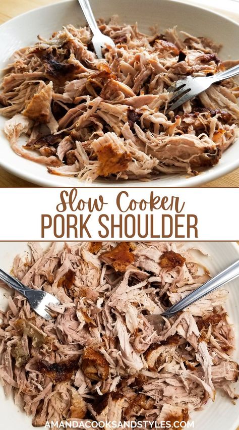 Easy Crockpot Pork Shoulder – Delicious pork roast recipe cooked low and slow in a crockpot. Serve pulled pork on sandwiches, tacos, & more! You can use pork shoulder or pork butt, both work excellent for this recipe. One of the reasons I love this recipe so much is because of it’s versatility. Boston Button Recipes Crockpot, Pork Shoulder Roast Crock Pot, Pork Shoulder Picnic Roast, Crockpot Pork Shoulder, Pork Shoulder Picnic, Cooking Pork Shoulder, Pulled Pork Crock, Pork Roast Crock Pot Recipes, Slow Cooker Pork Shoulder