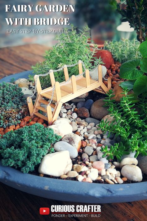 Diy Miniature Landscape, Fairy Garden Videos, Miniature Using Popsicle Sticks, How To Make A Bridge, Indoor Fairy Gardens Diy, Fairy Garden Crafts Diy, Mini Fairy Garden Diy, Fairy Garden Furniture Diy, Diy Fairy Garden Ideas Homemade