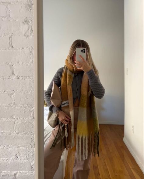 #scarf #scarves #acnestudio #styleblogger #falloutfit #winteroutfit Plaid Scarf Aesthetic, Checkered Scarf Outfit, Big Scarf Outfit Chunky Scarves, Check Scarf Outfit, Patterned Scarf Outfit, Acnestudios Scarf, Beige Scarf Outfit, Outfits With Scarf, Plaid Scarf Outfit