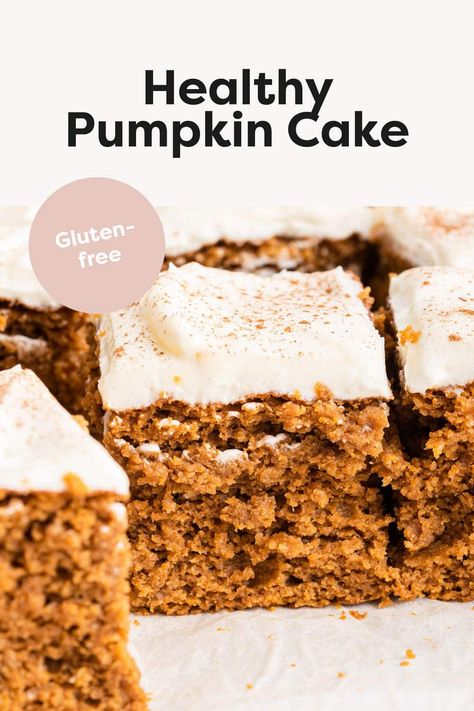 This healthy pumpkin cake is gluten-free, naturally sweetened and perfectly moist. It's packed with fall flavors and topped with a delicious cream cheese frosting. Healthy Pumpkin Cake, Paleo Pumpkin Bars, Healthy Pumpkin Bars, Family Recipies, Yogurt Cream Cheese, Pumpkin Bars With Cream Cheese, Pumpkin Cake Recipe, Classic Fall Desserts, Bars With Cream Cheese Frosting