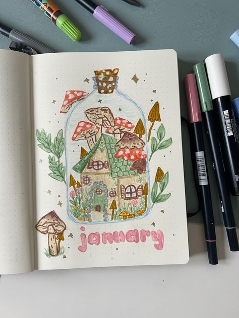 Cottage Core Bujo, Cottagecore Bujo Theme, January Aesthetic Drawing, 2024 Bujo Cover, Cottagecore Bujo, Cottagecore Bullet Journal, Bullet Journal Month Page, Cottagecore Doodles, Bujo Autumn