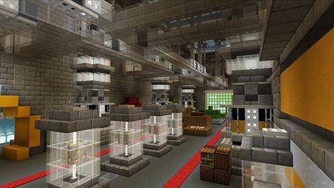 Minecraft Lab Interior, Minecraft Laboratory Interior, Minecraft Lab Ideas, Minecraft Building Ideas Laboratory, Minecraft Mad Scientist Lab, Minecraft Warehouse Interior, Futuristic Minecraft Interior, Minecraft Futuristic Building Interior, Minecraft Science Lab Build