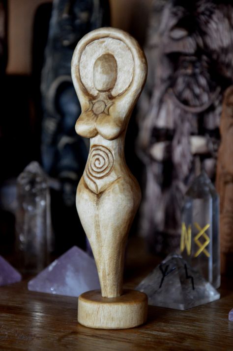 Pagan goddess Wooden figurine Wiccan altar decor Spiral Goddess Triple Moon Wiccan Alter, Moon Altar, Spiral Goddess, Wooden Figurine, Pagan Crafts, Pagan Goddess, Pagan Gods, Sculpture Art Clay, Wiccan Altar