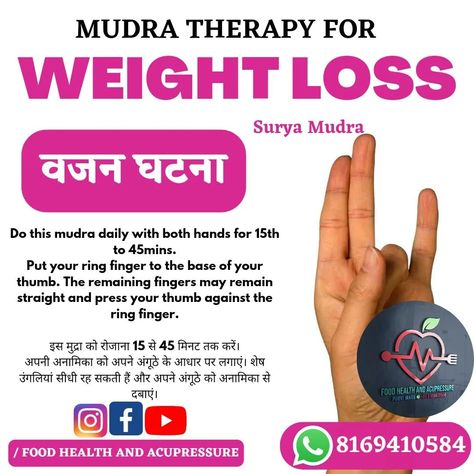 Mudra therapy for Weight loss Surya mudra is said to be one of the best mudras to lose weight #suryamudra #weightloss #mudratherapy #mudra #mudrabenefits Surya Mudra, Prithvi Mudra, Restless Mind, Yoga Mudra, Color Therapy Healing, Therapy Healing, Art Planner, Acupressure Massage, Health And Fitness Apps