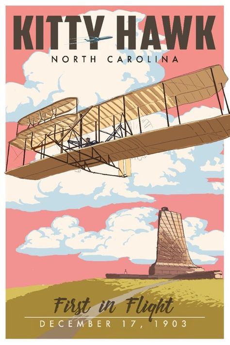 North Carolina Poster, Kitty Hawk North Carolina, Flight Art, North Carolina Art, North Carolina Beaches, Vintage Poster Design, Kitty Hawk, Mermaid Decor, Carolina Beach