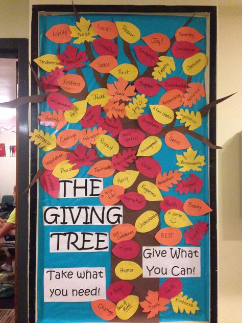 The giving tree bulletin board Giving Tree Bulletin Board, Tree Bulletin Board Ideas, Board Ideas For Preschool, Bulletin Board Ideas For Preschool, Thanksgiving Bulletin Board Ideas, Tree Bulletin Board, Thankful Activities, Thanksgiving Bulletin Board, Bulletin Board Tree