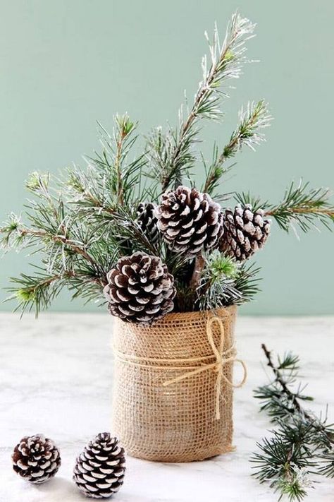 Winter Woods Decor, Christmas Pine Decor, Winter Table Top Decor, Easy Winter Centerpieces Diy, Easy Winter Table Centerpieces, Christmas Event Table Centerpieces, Christmas Pinecone Centerpieces, Pine Cones In Glass Vase, Winter Woodland Centerpiece