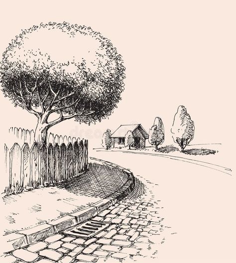 Pen Work Landscape, Free Hand Drawing Sketches, Street Drawing Simple, City Drawing Sketches Simple, Drawing Backgrounds Ideas Sketch, Micropen Drawing, Street Drawing Sketches, Drawing Ideas City, City Street Drawing