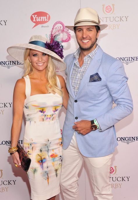 Pin for Later: Hats, Horses, and High Stakes — Stars at the Kentucky Derby!  Luke Bryan and his wife, Caroline Boyer, coordinated their hats in 2013. Derby Outfits For Men, Derby Outfits Men, Kentucky Derby Women, Derby Party Outfit, Kentucky Derby Attire, Kentucky Derby Dress, Kentucky Derby Outfit, Kentucky Derby Fashion, Kentucky Derby Style