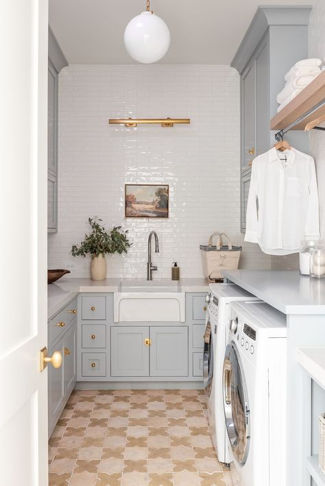 Mcgee Laundry Room, Dream Laundry Room, Laundry Room Flooring, Laundry Room Inspiration, Laundry Mud Room, Blue Kitchen, Tile Flooring, Laundry Room Makeover, Laundry Room Organization