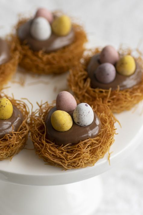 Easter Egg Nest Nutella Kataifi Tarts Recipe — Antoniou Fillo Pastry Cute Easter Cakes, Mini Easter Desserts, Turkish Deserts, Easter Egg Dessert, Easter Tart, Dessert For Easter, Egg Pastry, Easter Pastries, Kataifi Pastry