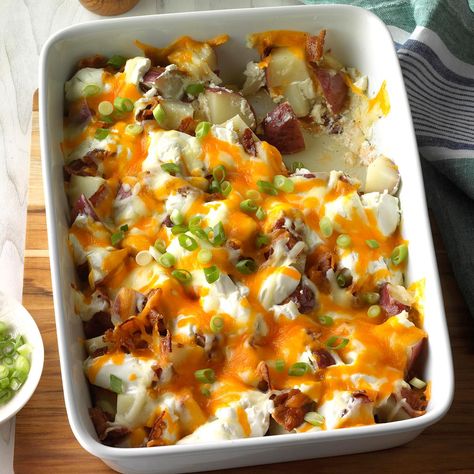 Twice-Baked Potato Casserole Recipe -My daughter gave me this recipe because she knows I love potatoes. The hearty casserole is loaded with a palate-pleasing combination of bacon, cheeses, green onions and sour cream. —Betty Miars, Anna, Ohio Twice Baked Potato Casserole Recipe, Firehouse Meals, Twice Baked Potato Recipe, Twice Baked Potato Casserole, Potato Ideas, Baked Potato Recipe, Twice Baked Potato, Twice Baked Potatoes Casserole, Baked Potato Casserole